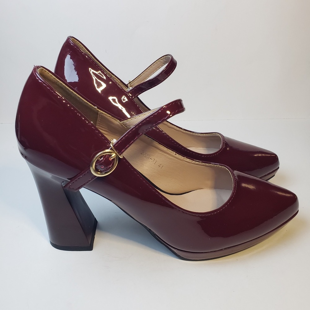Women's Burgundy Patent Leather Mary Jane Block Heel Shoes Ankle Strap Sz 41 EU - Picture 4 of 11